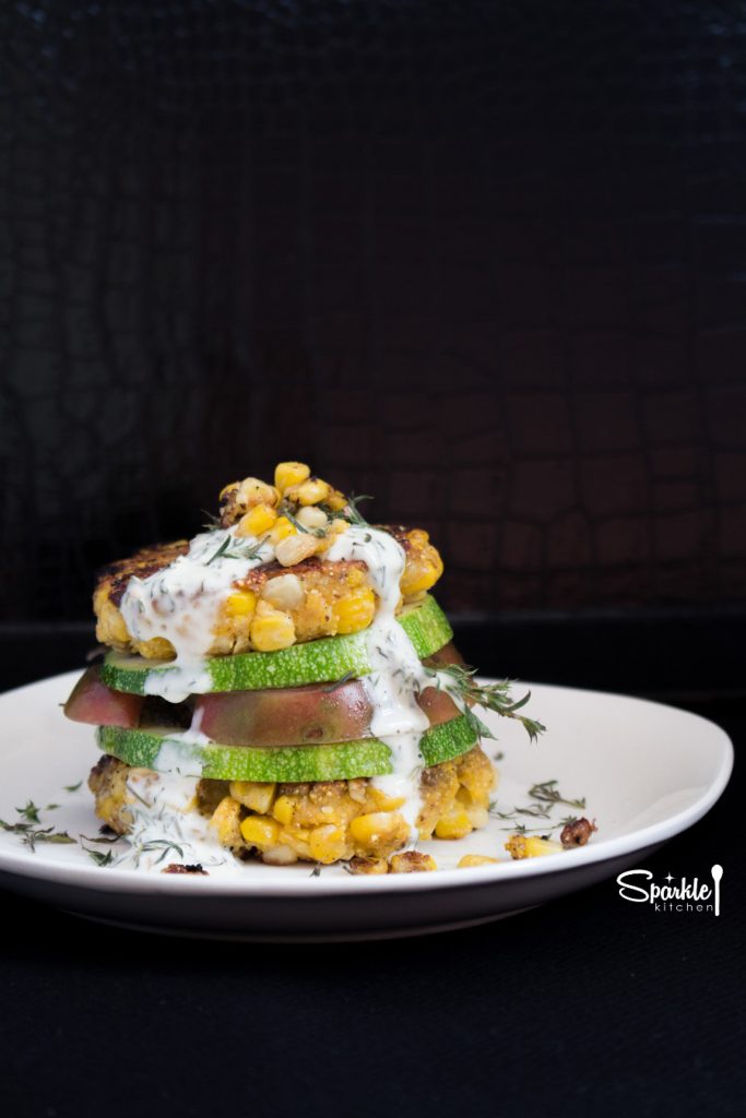 Corn Fritter Salad Stack with Tomato & Zucchini 