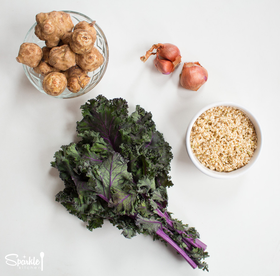 Jerusalem Artichokes and Braised Kale Rice Pilaf