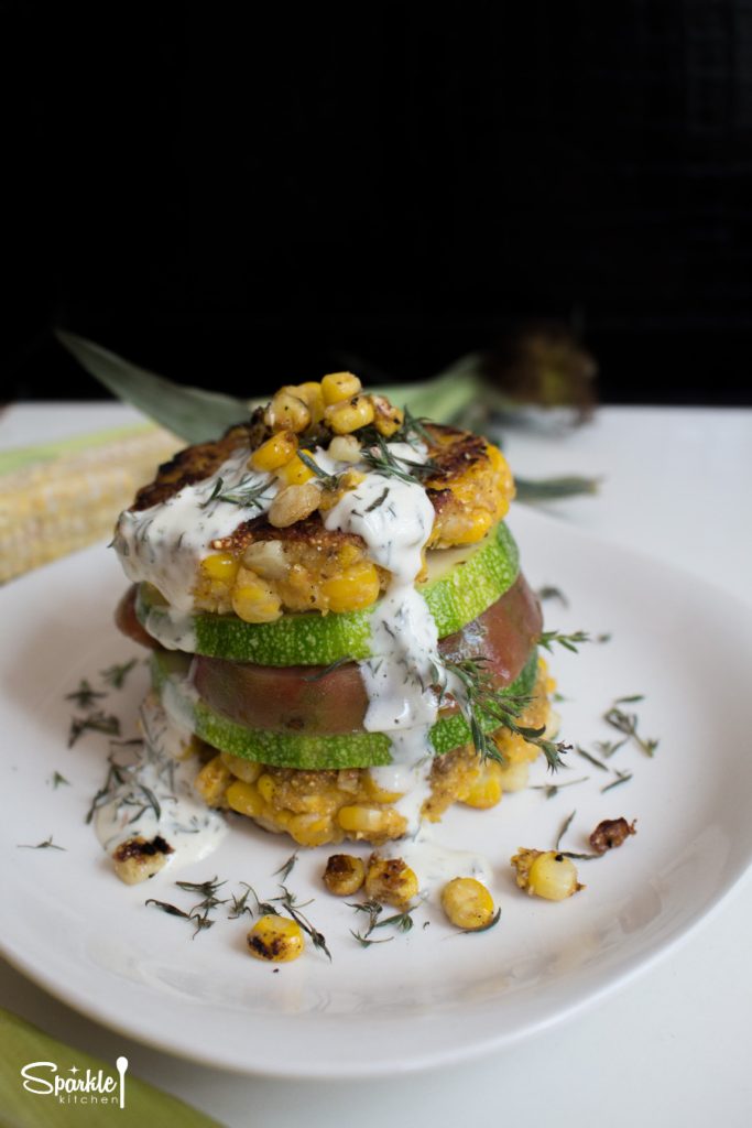 Corn Fritter Salad Stack with Tomato & Zucchini 